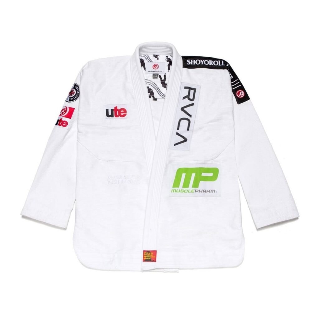 Shoyoroll Batch #94 UTE Brazilian Jiu-Jitsu gi with minimalist UTE embroidery on collar and twill cotton pants, designed in collaboration with Marcus 'Buchecha' Almeida, displayed with a Shoyoroll drawstring bag.