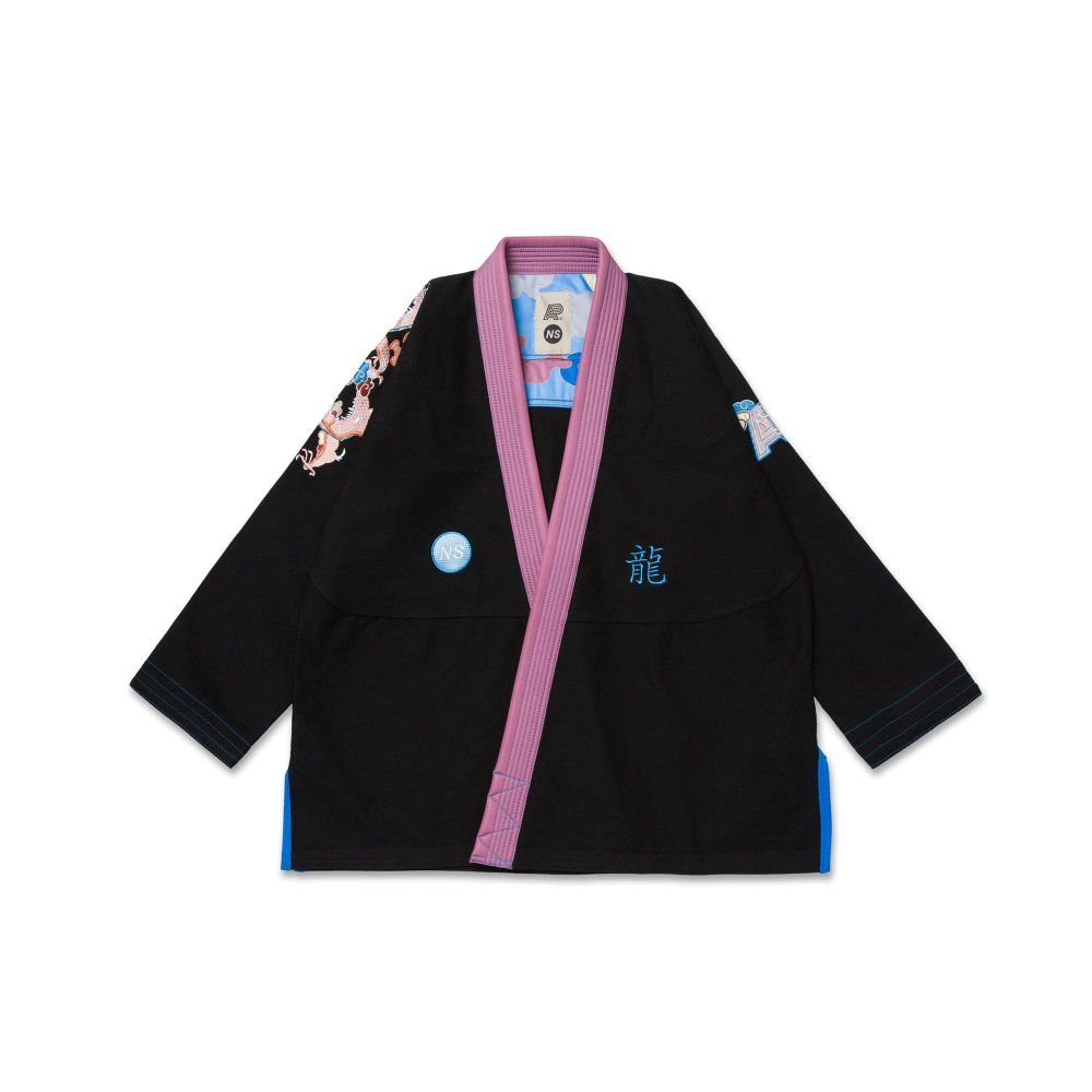 Albino and Preto Year of the Dragon BJJ Gi: Limited-edition black pearl weave kimono with vibrant peach, blue, lavender, and orange dragon-inspired accents, IBJJF-approved for Brazilian Jiu-Jitsu training and competition.