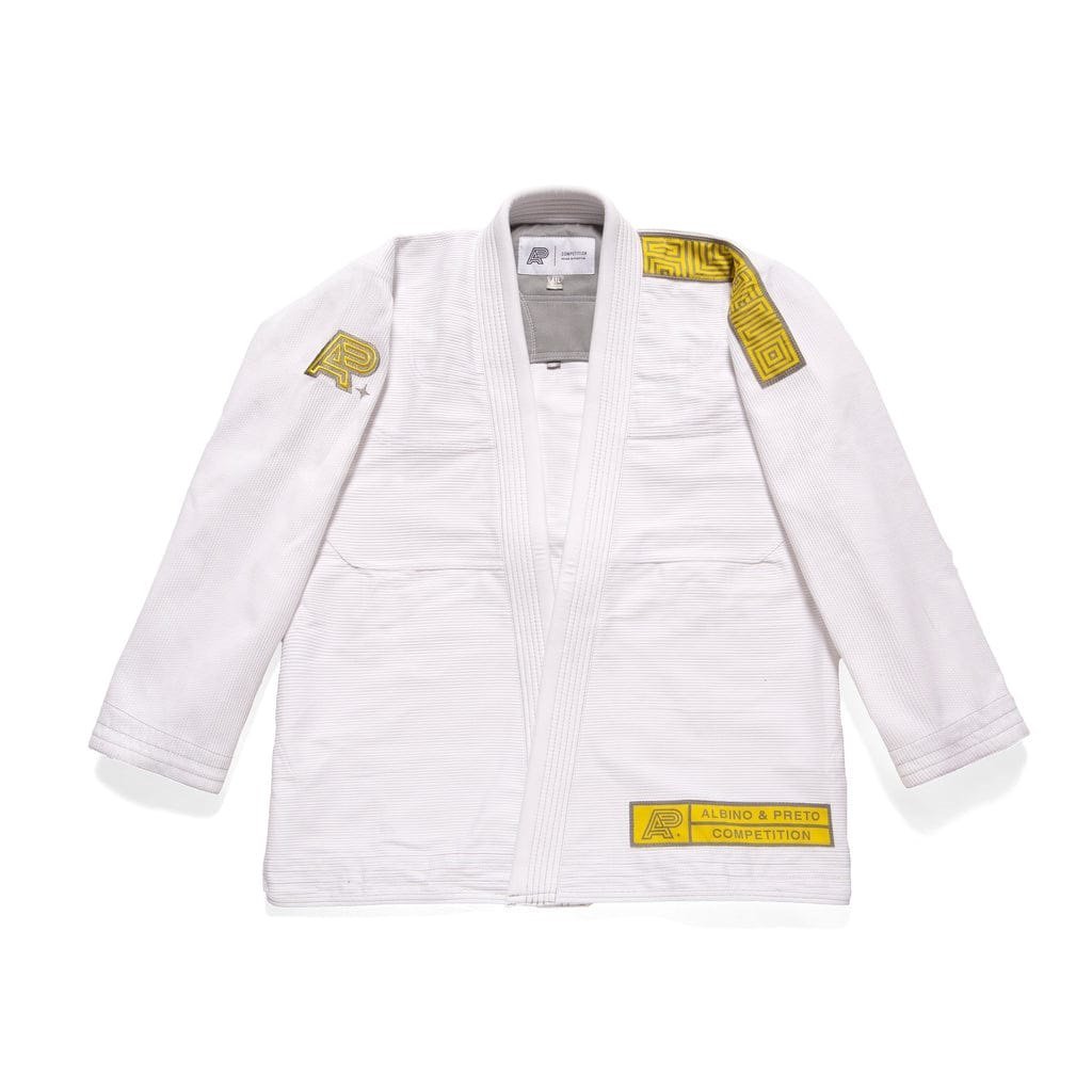 Albino & Preto Batch #48 Q2 Gi displayed on a white background, showcasing its lightweight pearl weave fabric and IBJJF-approved design, perfect for BJJ training and competition.