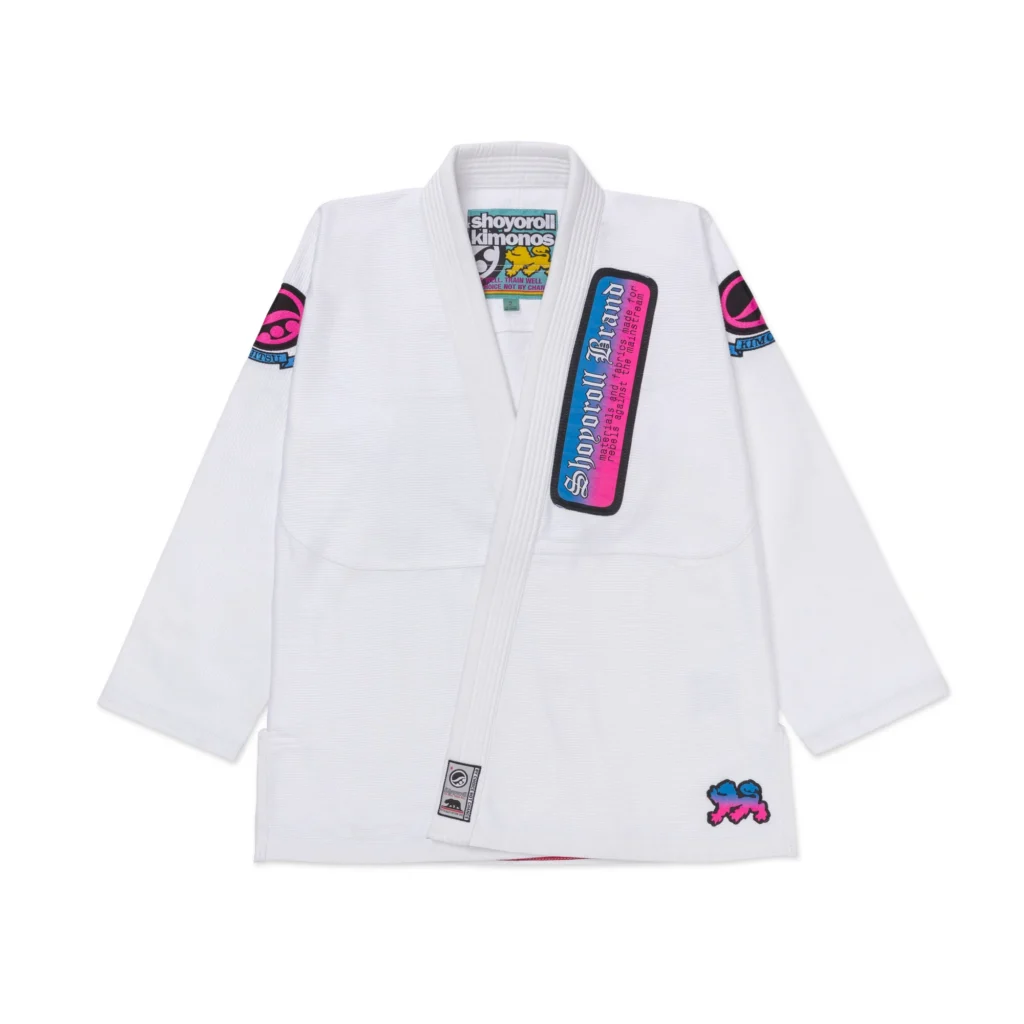 Shoyoroll Batch #149 Retro Gradient BJJ Gi in blue-to-pink fade, displayed on a white background with matching no-gi rash guard and shorts.