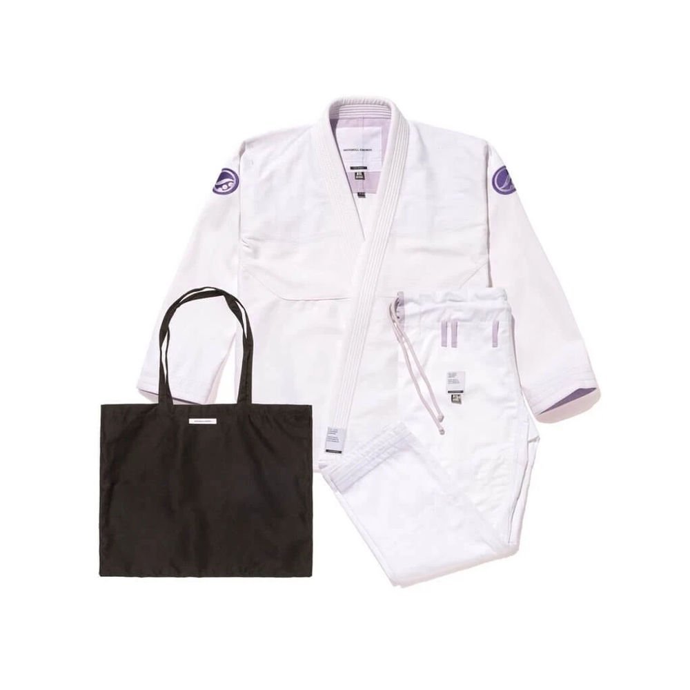 Comfortable BJJ gi Shoyoroll Quick Strike V PMB VIII Purple on White front view