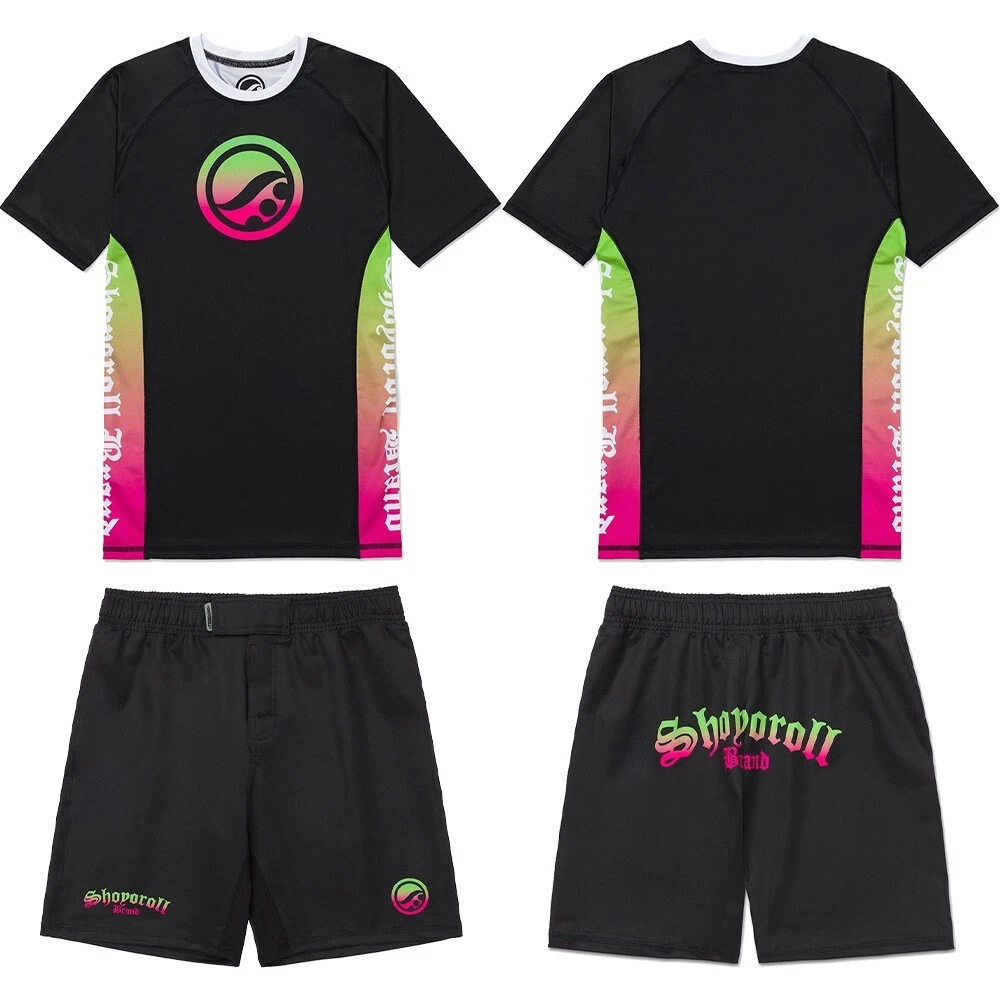Shoyoroll Batch 149 Retro Rash Guard in black with vibrant gradient design, featuring subtle logo on chest and sleeve, ideal for BJJ and no-gi training.