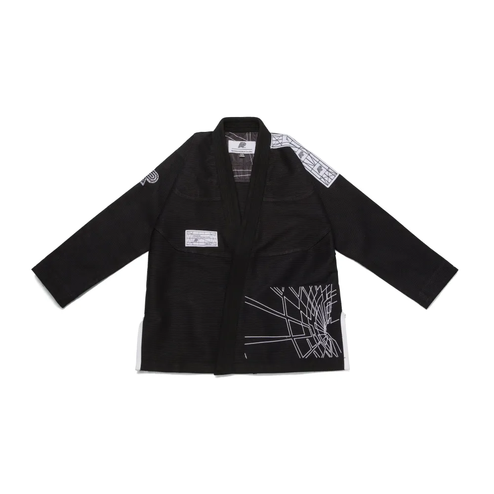 Albino and Preto Batch 82 Building Blocks BJJ Gi in premium 450gsm weave with matching drawstring gear bag.