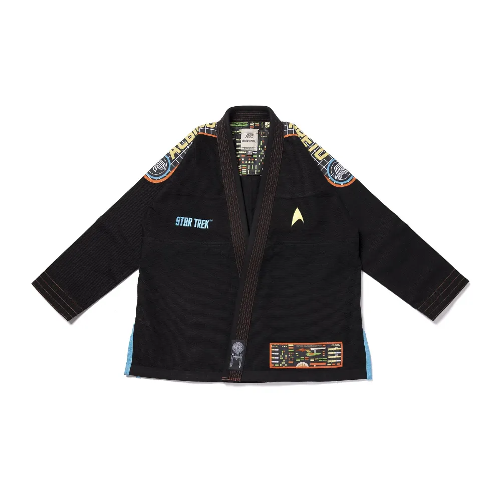 Star Trek BJJ Gi Albino and Preto Batch #100 black Gi with bag showing premium stitching and high-performance Brazilian Jiu Jitsu uniform
