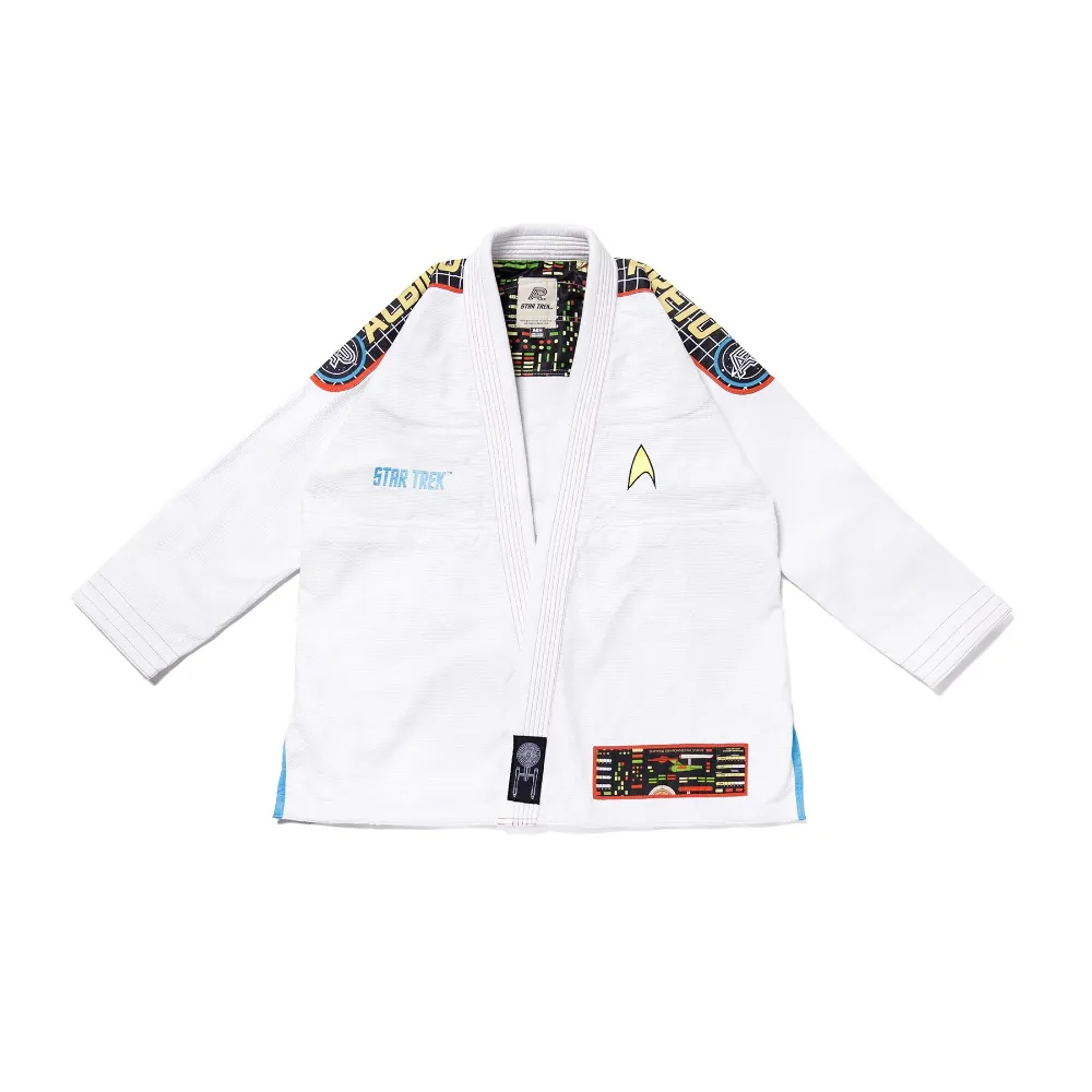 BJJ Gi Star Trek Albino and Preto Batch #100 white Gi with bag showing premium stitching and durable Brazilian Jiu Jitsu uniform design