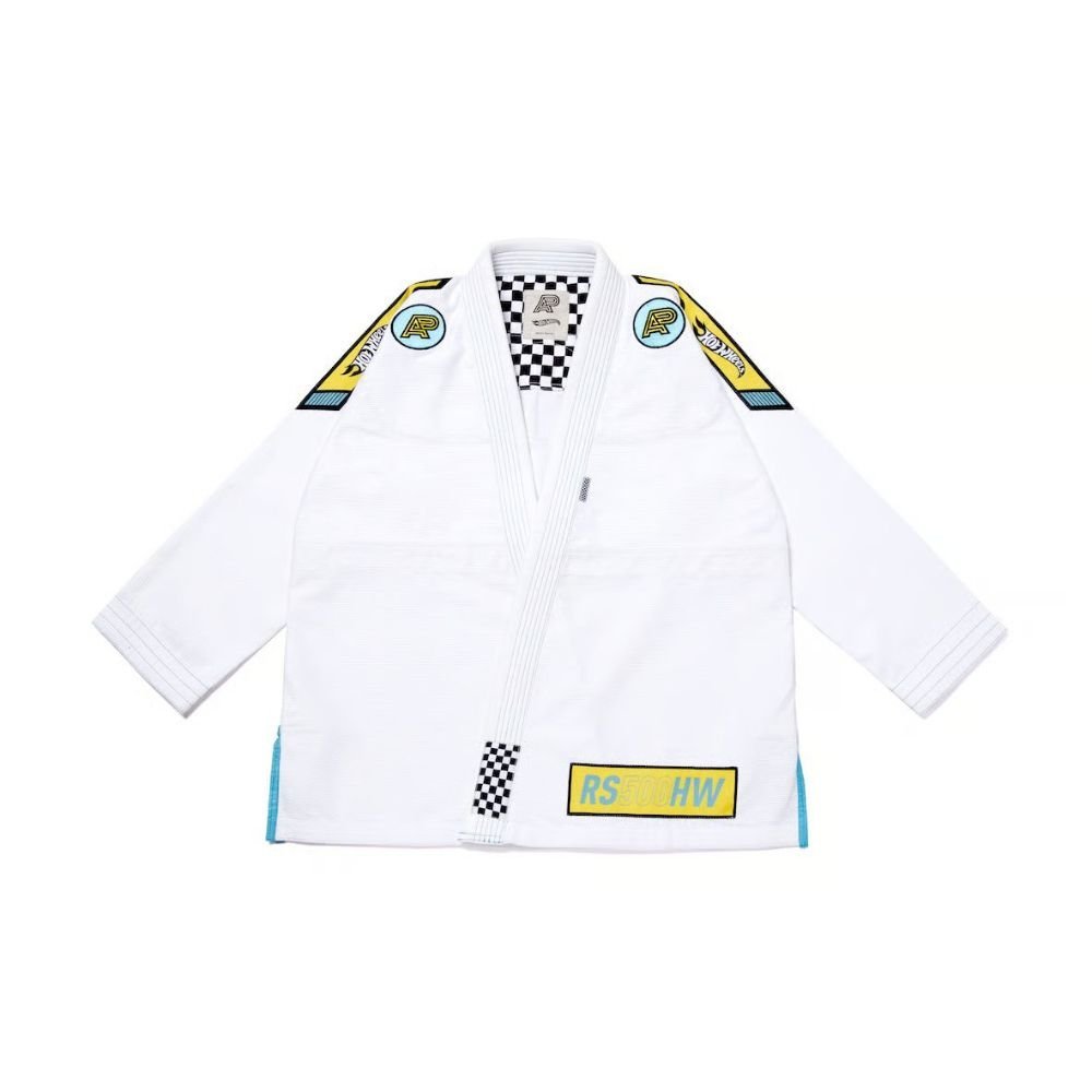 Albino and Preto Batch #104 Hot Wheels BJJ Gi white premium Brazilian Jiu Jitsu gi with carry bag front view