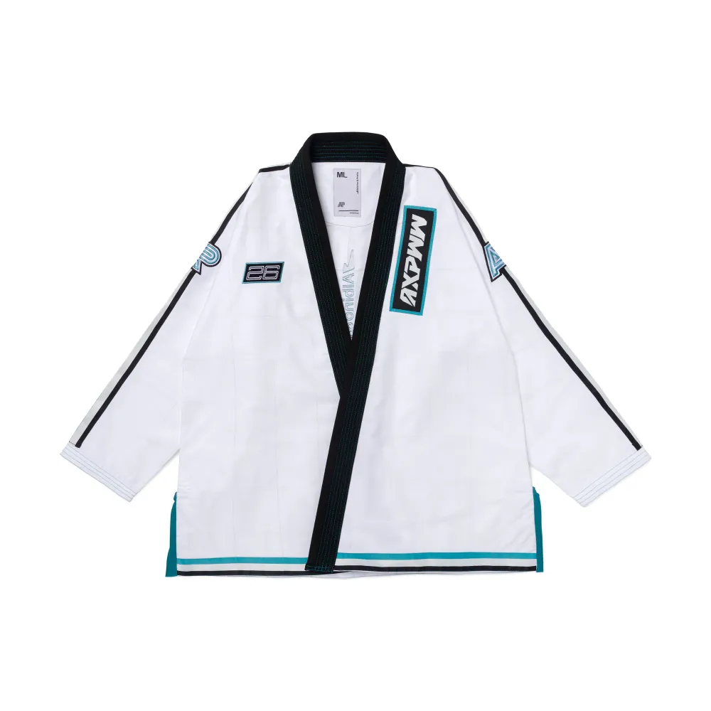 Albino and Preto Apex BJJ Gi White for Brazilian Jiu Jitsu training and competition