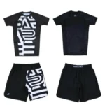 Albino and Preto Batch 19 Distract and Attack Rash Guard SS and Shorts No Gi BJJ set for grappling training and competition