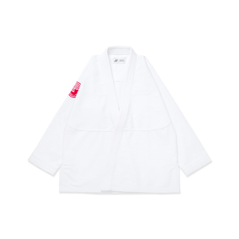 BJJ Essential Gi Kimono Albino & Preto RW White BJJ gi with bag lightweight IBJJF approved Brazilian Jiu-Jitsu uniform front view