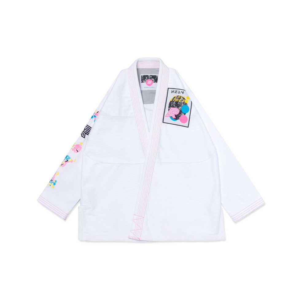 Best Sanktuary BJJ Gi Albino and Preto white kimono with bag IBJJF Brazilian Jiu-Jitsu gi front view