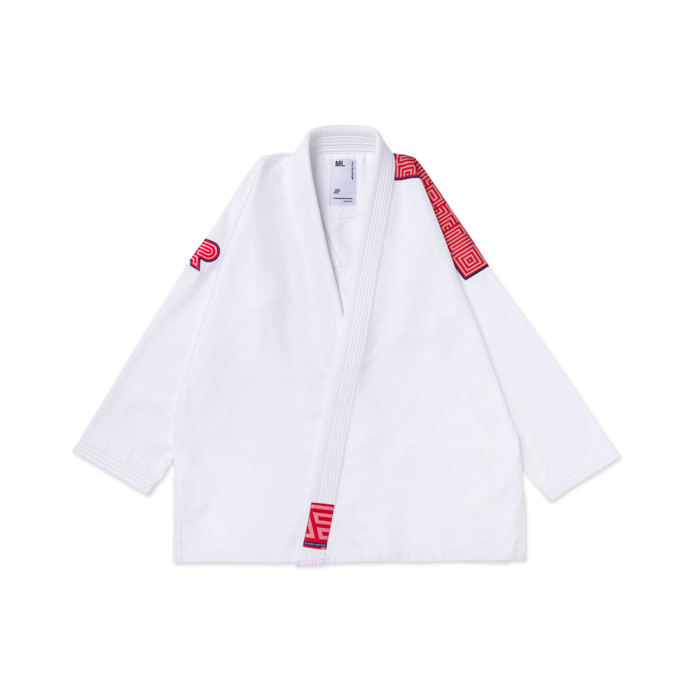 BJJ Gi BRP Herringbone Classic White Albino and Preto Brazilian Jiu-Jitsu gi with bag front view