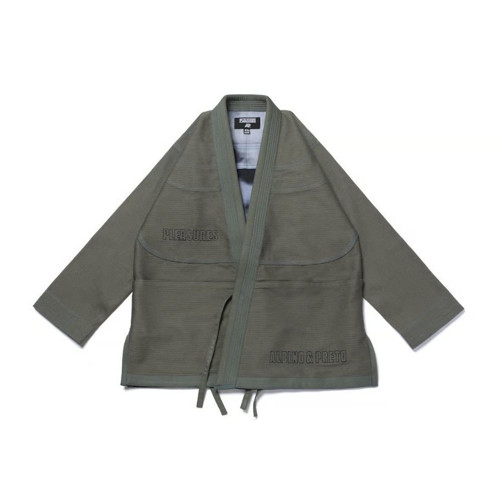 Pleasures Olive BJJ Gi by Albino & Preto Batch #80 premium olive Brazilian Jiu-Jitsu gi with lightweight durable cotton weave