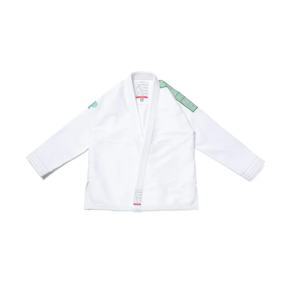 White Herringbone Classic BJJ Gi by Albino & Preto Batch #75 Q4, premium Brazilian Jiu-Jitsu gi with durable weave and athletic fit