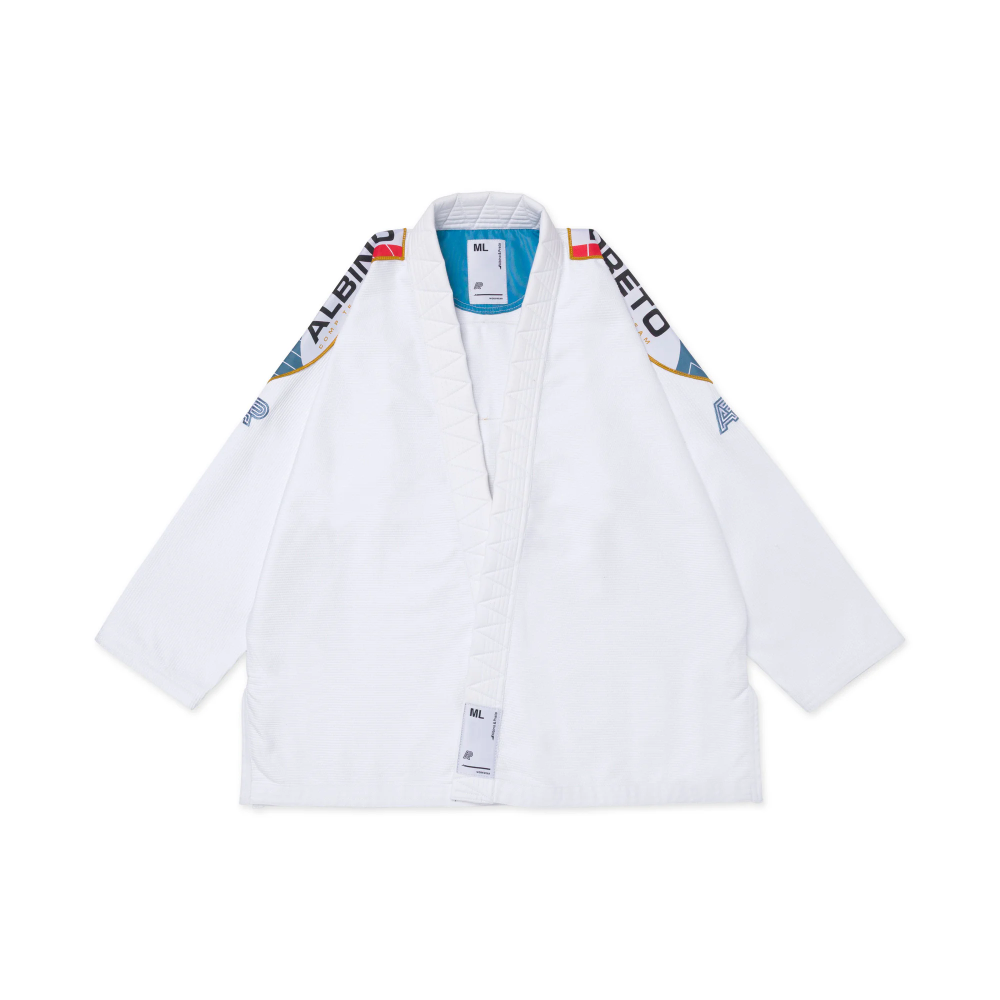 BRG BJJ Gi Comp White Albino and Preto lightweight Brazilian Jiu-Jitsu competition gi with bag front view