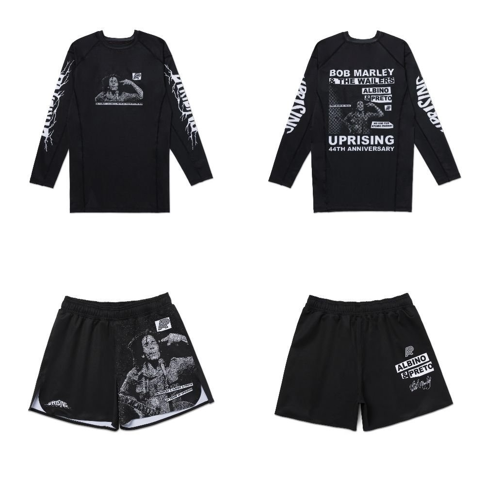 BJJ MMA Rash Guard by Albino and Preto A&P x Bob Marley Uprise long sleeve and shorts set