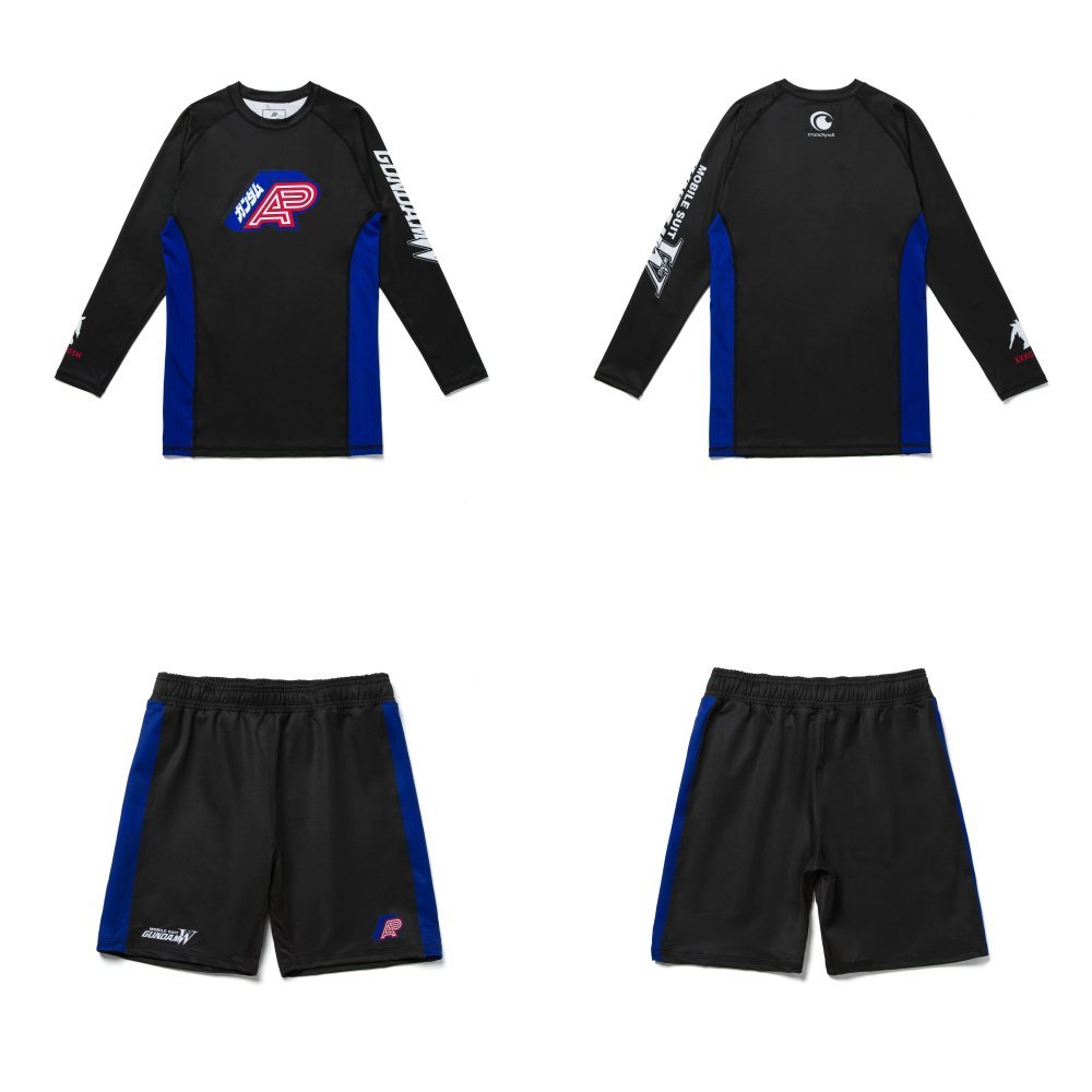 Gundam Wing BJJ MMA set Albino and Preto long sleeve rash guard and shorts premium Brazilian Jiu-Jitsu MMA training gear anime design