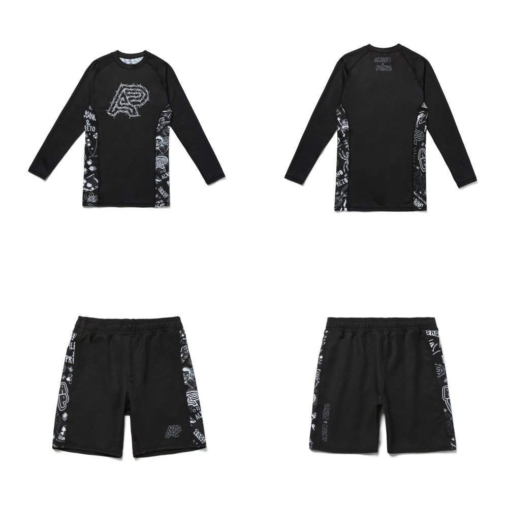 Mike Gigliotti MMA BJJ Set Albino and Preto long sleeve rash guard and grappling shorts for MMA BJJ no gi training