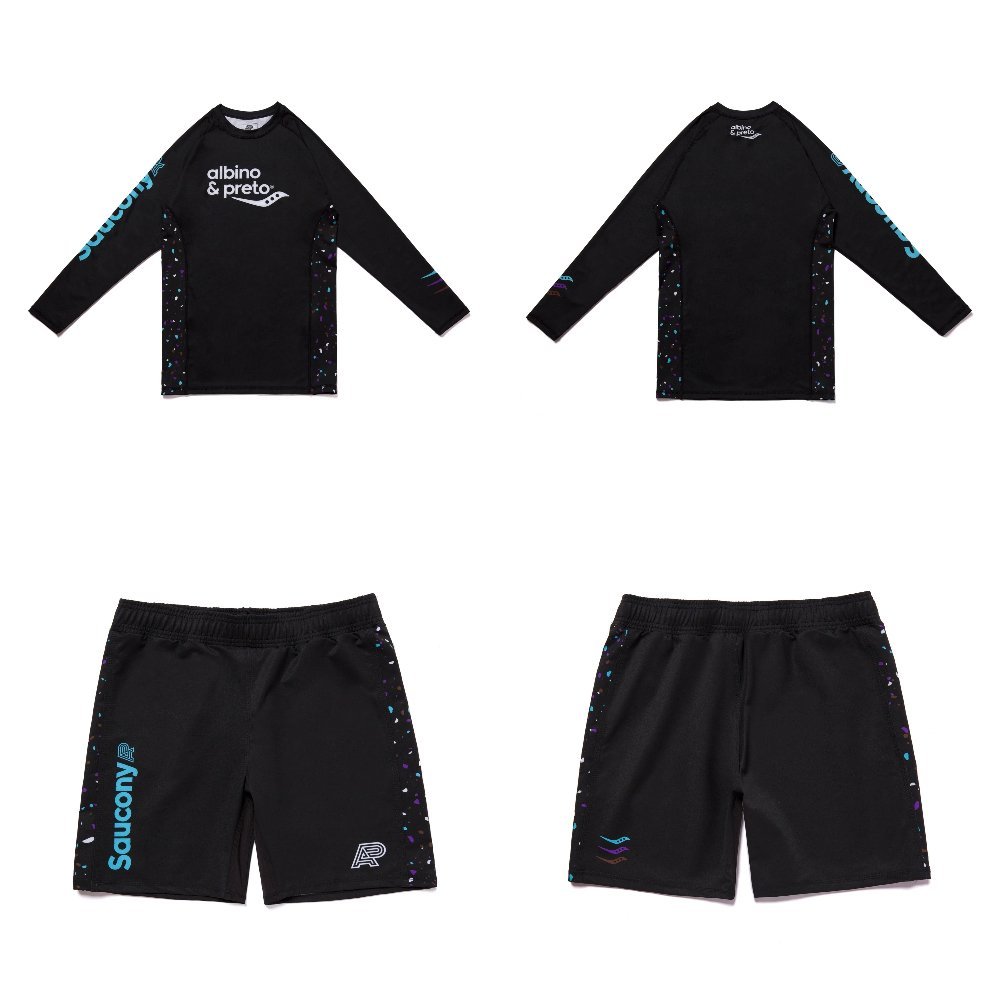 Saucony MMA BJJ set Albino and Preto long sleeve rash guard and shorts for MMA BJJ no-gi grappling training performance fightwear