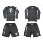 BJJ MMA no gi set by Albino and Preto A&P x Lucas Lepri long sleeve rash guard and grappling shorts