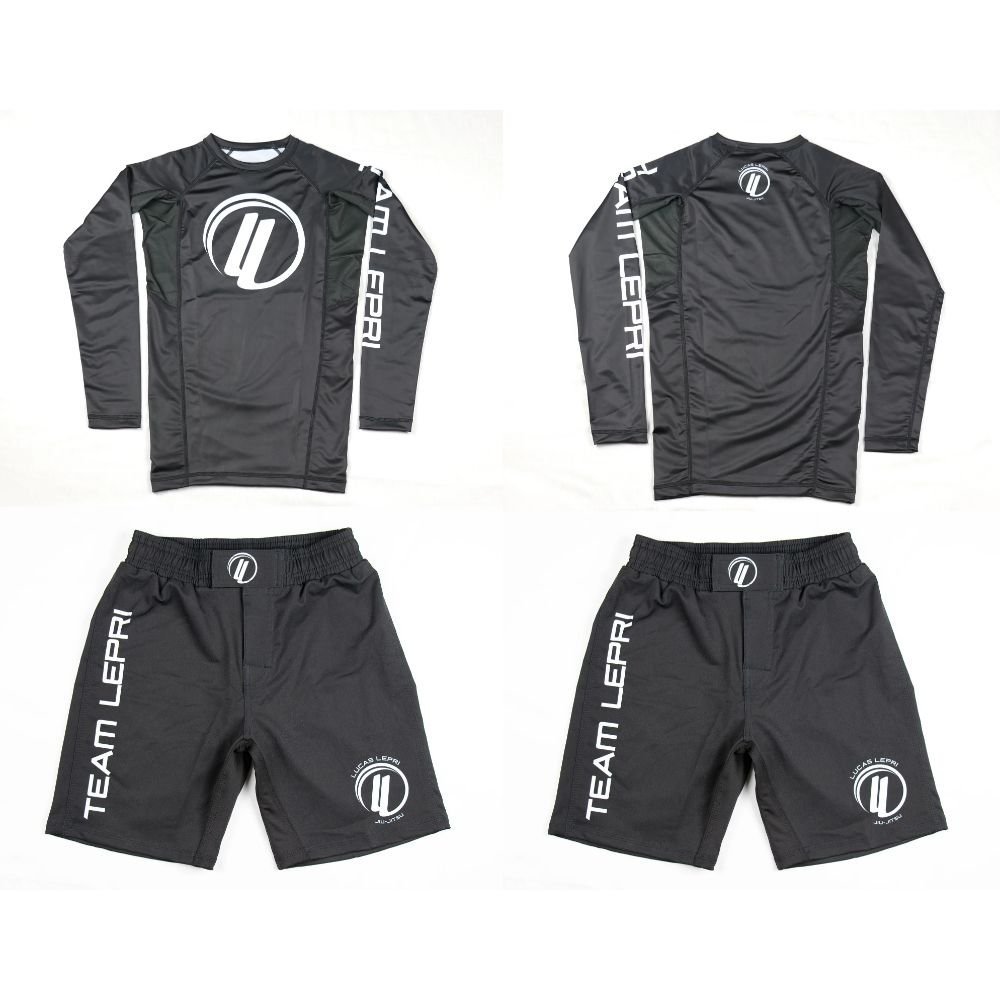 BJJ MMA no gi set by Albino and Preto A&P x Lucas Lepri long sleeve rash guard and grappling shorts