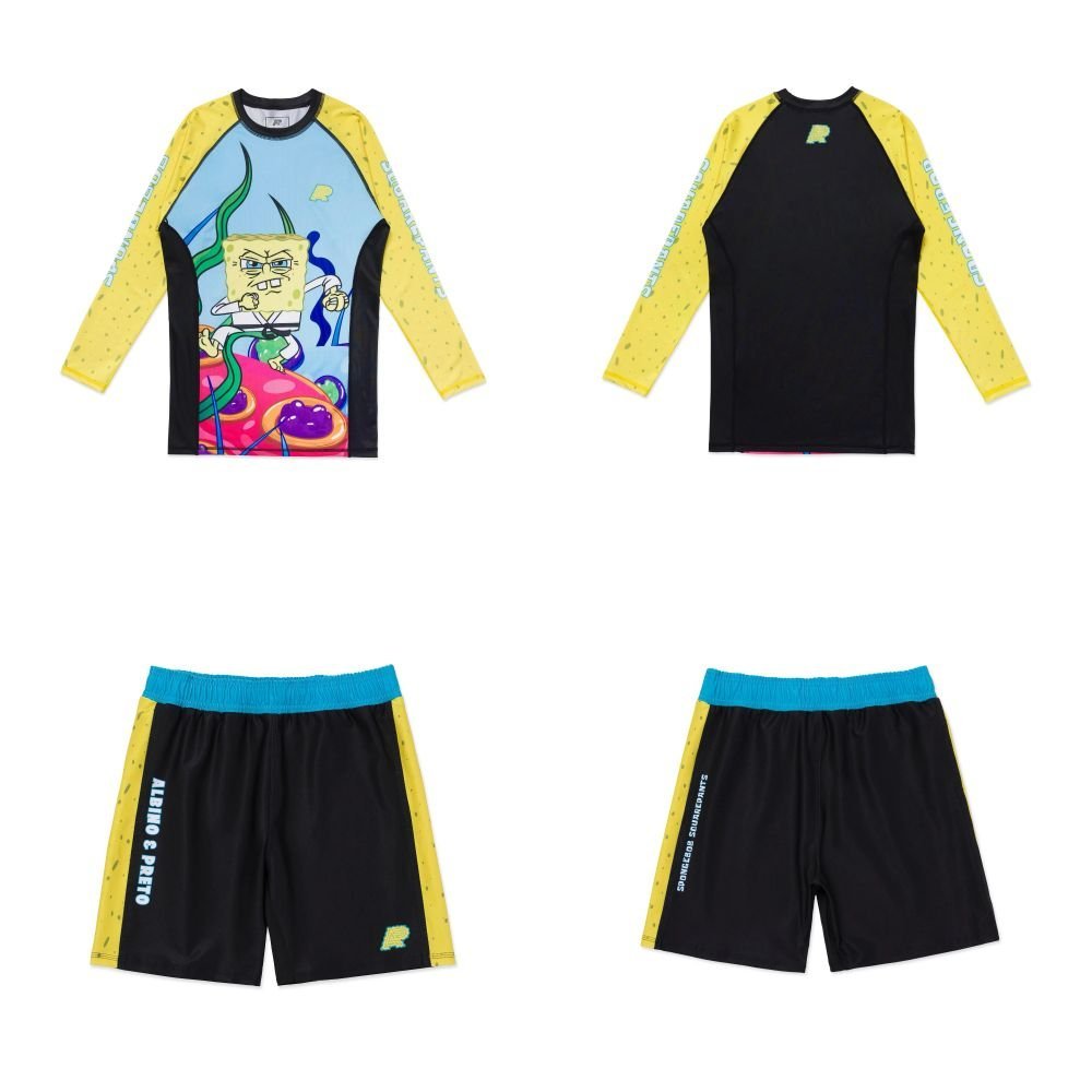 Albino & Preto A&P x SpongeBob SquarePants 2 BJJ MMA long sleeve rash guard and shorts set designed for grappling and training performance
