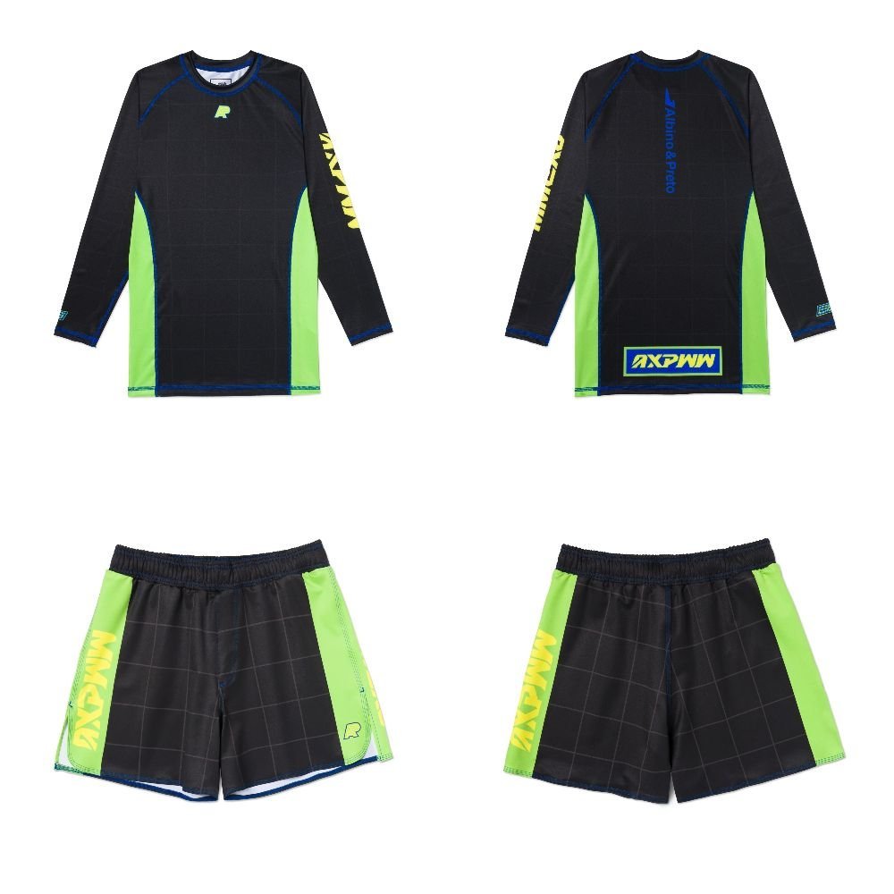 Albino and Preto Apex MMA BJJ Set black long sleeve rash guard and grappling shorts for no gi training
