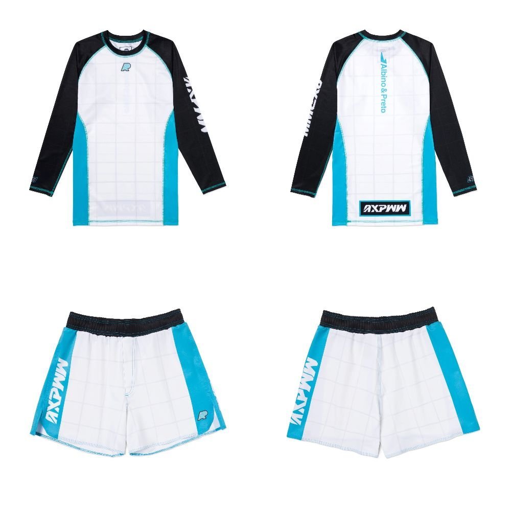 Albino and Preto Apex MMA BJJ Set white long sleeve rash guard and grappling shorts for no gi training