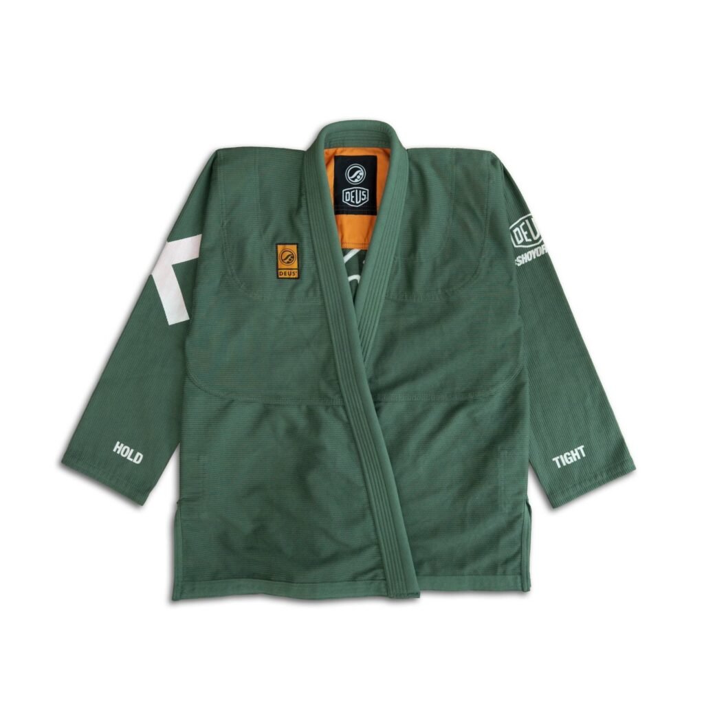 Limited-edition Shoyoroll x Deus Ex Machina BJJ Gi with 450 GSM pearl weave jacket, canvas pants, and custom embroidery for Brazilian Jiu-Jitsu
