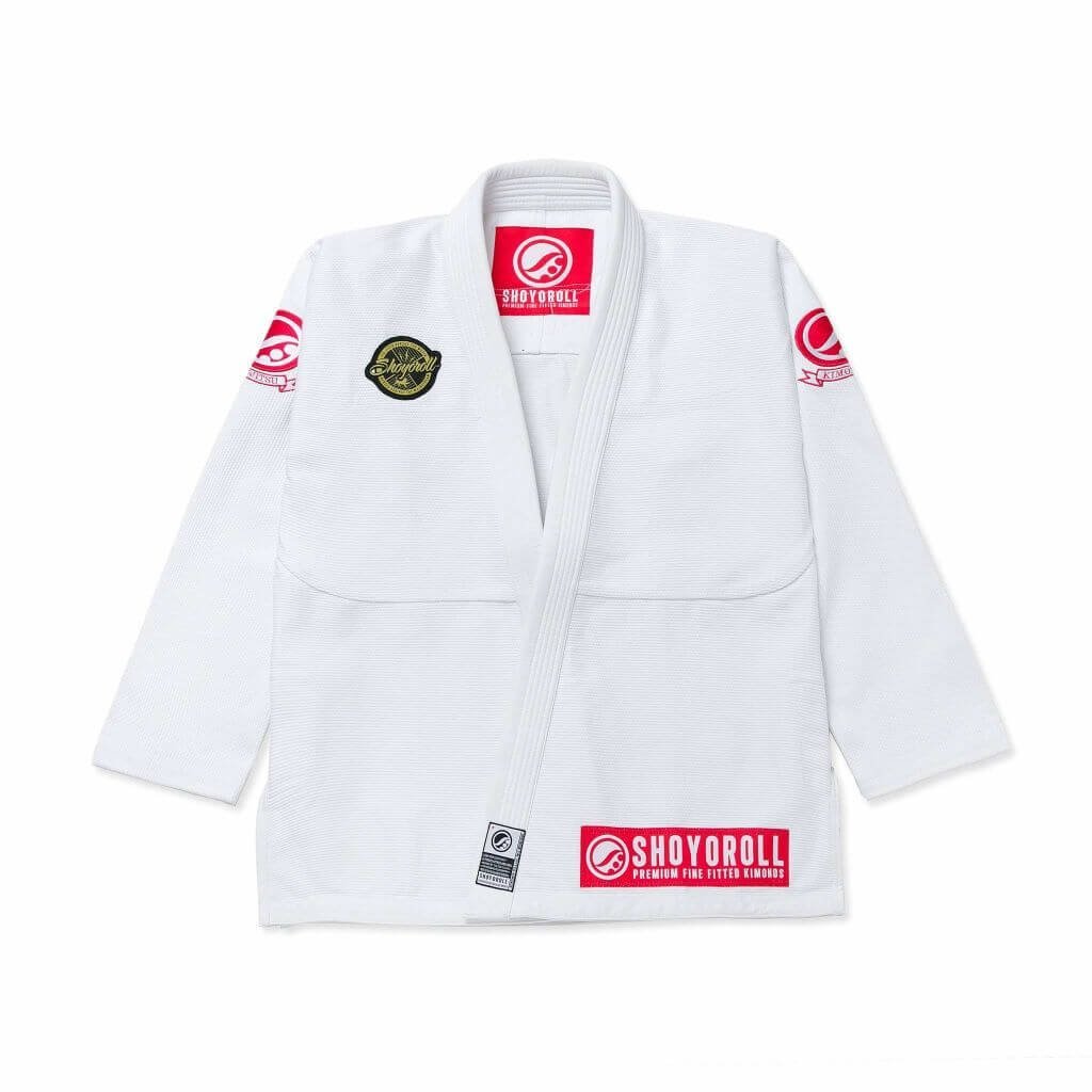 RVCA Batch 136 BJJ Gi in retro design, featuring Shoyoroll's Competitor cut with durable 450 GSM pearl weave fabric for Brazilian Jiu-Jitsu training.