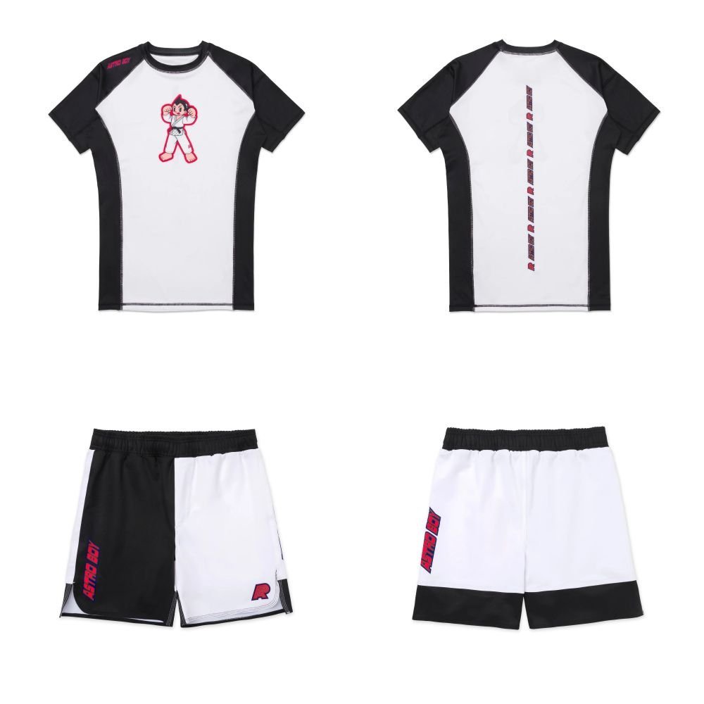 albino and preto astro boy rashguard set